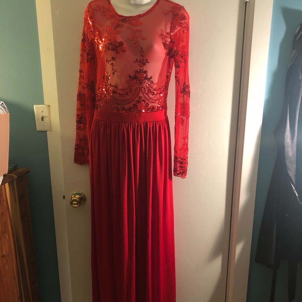 Red sequined mesh maxi party dress!